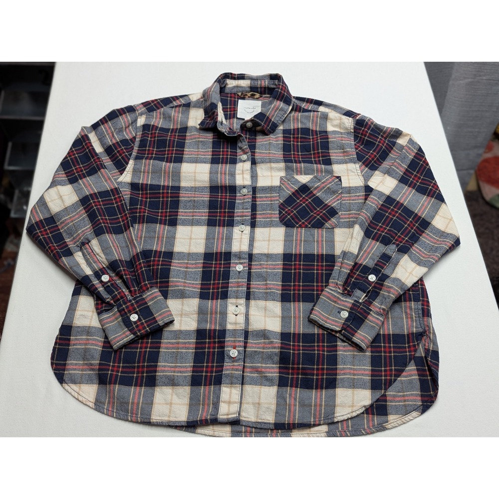Aerie Plaid Flannel Button Down Shirt Navy Blue Cream Red XS TP Leopard Trim